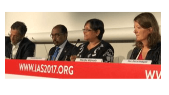 Quarraisha Abdool Karim speaks at the launch of the End AIDS Coalition at the IAS in Paris